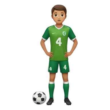 Apple iOS style 20-23 year old soccer player standing full body, green jersey #4, glossy finish sticker