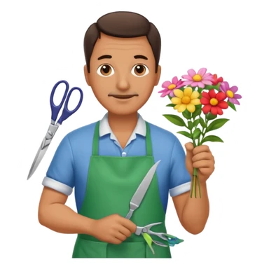 Middle-aged male florist – apron on, trimming stems with scissors sticker