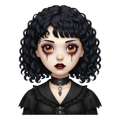 Faça uma mulher zumbi com o cabelo cacheado médio, e uma franja cacheada, cabelo preto e deixe ela meio gótica. sticker