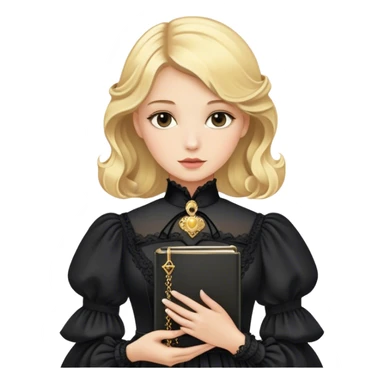 Blonde model wearing a black Victorian gown clutching a golden notebook sticker