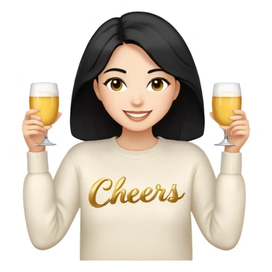 A woman with longer black hair, light to medium skin tone, full cheeks, and almond-shaped eyes, wearing a simple white sweater with the word 'cheers' in gold script, joyful and radiant expression, cheerful, emoji style, just her torso, no hands, no cups. sticker
