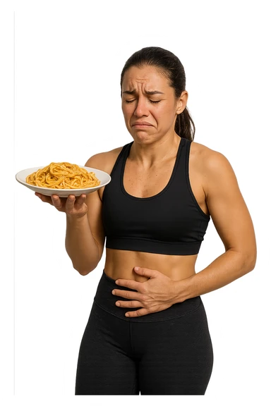DONNA FITNESS CON PIATTO DI PASTA IN MANO E MAL DI PANCIA, FA FATICA A DIGERIRE sticker