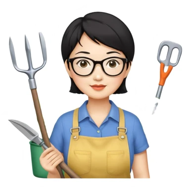 please create an Emojis for an Asian mid-age lady, short black hair, ware glasses, small face, medium size of eyes in black. she loves gardening sticker