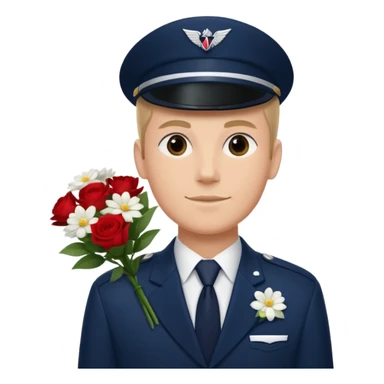 Homme avec bouquet fleurs blanches, avec uniforme bleu foncé cravate rouge comme Air France  sticker