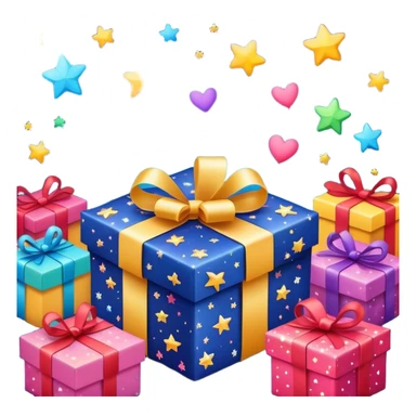 cute gift box with sparkling stars and hearts, smiling wrapping paper, vibrant colors, joyful and romantic mood sticker