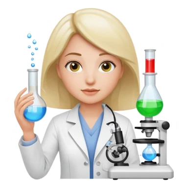 female researcher in a white jacket, displaying lab equipment, innovative tech sticker