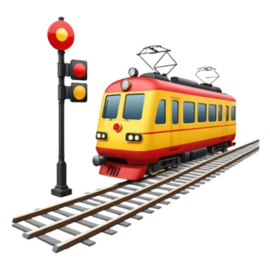 red and yellow train on tracks with a signal post, simple and clean sticker