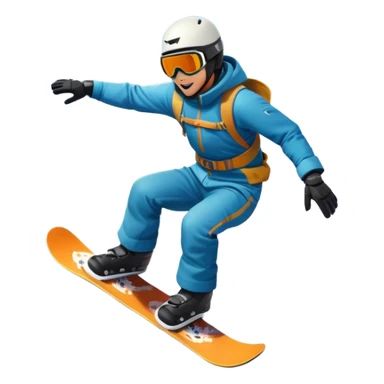 An icon showing a snowboarder performing an exciting jump on a snow-covered slope. The background features towering mountains, snow-covered trees, and a bright, clear sky. Transparent background highlights the speed, agility, and thrill of snowboarding. sticker