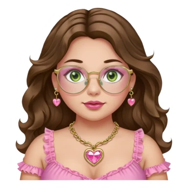 Girl girl with middle parted long wavy brown hair. green gold eyes. Plus size. pink frilly top. gold nose ring. pink heart crystal necklace. Gold rimmed glasses sticker