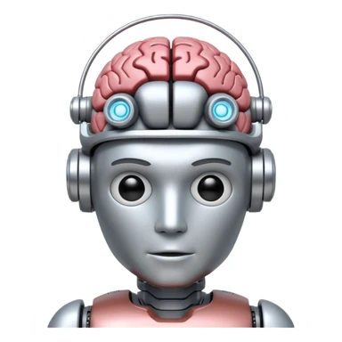 A fit male robot with a huge brain sticker