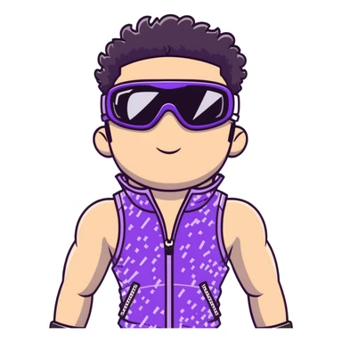 male athlete with white skin and moderately curly black hair on top with shaved sides, wearing ski goggles with purple frames and very dark black lenses, a simple plain black chain necklace, and a completely unzipped sleeveless vest with purple and black sequin fire pattern design with no logo or brand emblem, fully revealing his chest, shoulders and arms, no earrings sticker