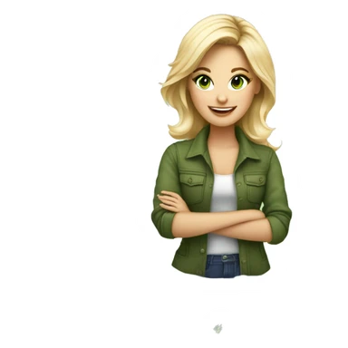 interior designer girl with blond hair to her chest and green eyes, surrounded by her design tools for creating interior design. happy about feedback from clients or talking to a client sticker