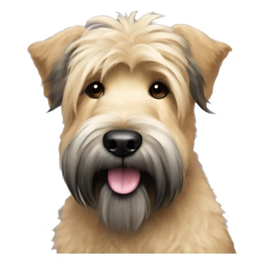 Wheaten terrier with long fluffy hair, black ears and black chin sticker