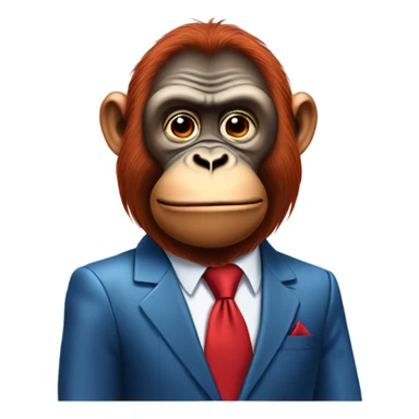 Orangutan in a blue suit with a red tie. Pouting face and a comb-over sticker