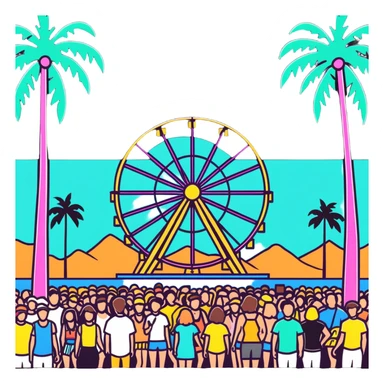 crowd at Coachella music festival with ferris wheel and palm trees sticker
