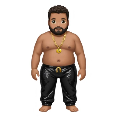 Fatman Scoop with dark brown hair, black sequin baggy pants, shirtless with necklace sticker
