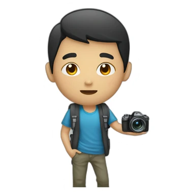A Asian boy listening MP3 hold a camera sticker