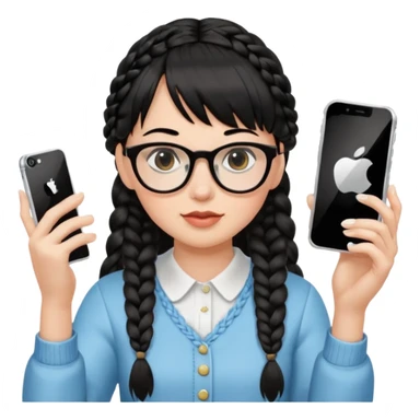Black hair is braided to one side, braided to the left, and full bangs, wearing horn-rimmed glasses, holding an iPhone white color and taking a mirror selfie so that Apple logo comes out sticker