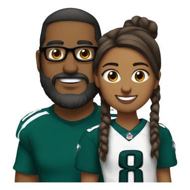 Brown guy with a beard and mustache holding a brown girl wearing glasses and hair in a bun wearing Philadelphia eagles clothing sticker