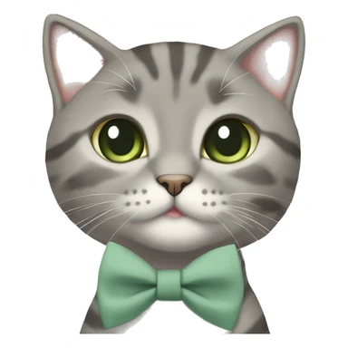 Aesthetic round-faced grey tabby British short hair full body cat with sage green bow tie sticker