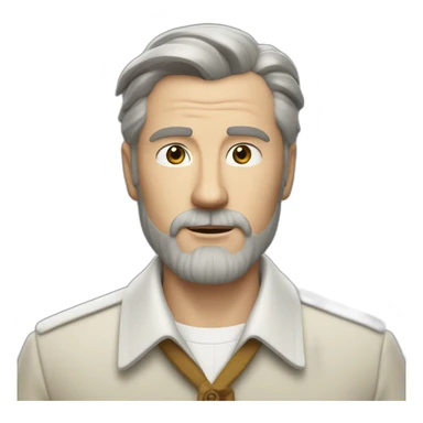 wes anderson character of man with short quiff and beard brown and grey hair, white shirt with top-button buttoned sticker