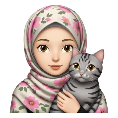 White girl wearing flower patterned hijab holding a black gray tabby cat sticker