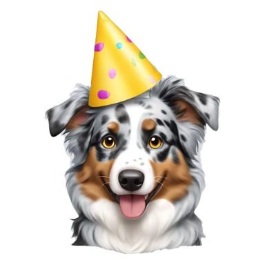 blue merle australian shepherd with a party hat sticker