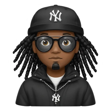 African American man with shoulder length black dreadlocks wearing black sunglasses with black bubble winter coat wearing a black New York Yankees baseball hat sticker