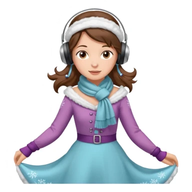 Victorian ice skater in a long dress. She is wearimg a scarf and earmuffs. She has brown hair. sticker