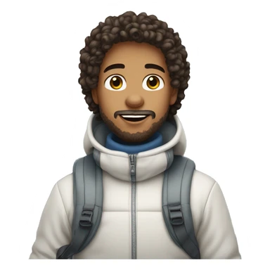 semi light skinned boy with very curly semi long dark hair, with goatee beard style, *riding ski* sticker