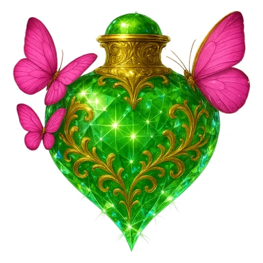 Make the bottle more crystalline with enhanced crystal effects, glowing, and light reflections. Keep the green heart shape, golden details, and pink butterflies attached to the bottle. Maintain a transparent background with a beautiful merging bottom and the bottle hanging in the air. No base or shadow. The design should be elegant and vivid. sticker