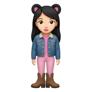 Gordita, ojos pequeños de color cafe oscuro, labios pequeños y rosados, piel trigueña, orejas pequeñas, cabello largo lazio y negro, pequeña. cuerpo completo. vestida con saco de lana jean y botas color café sin orejas sticker