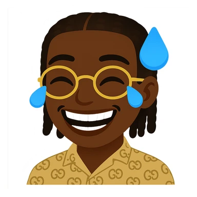 Create an emoji of a laughing face with tears of joy in the general style. The face should be slim, not big, with well-defined, natural white teeth. Keep the same braided hairstyle with the same implantation, volume, and shape. Include the same golden glasses and the same patterned shirt. Maintain the same black skin tone as the provided emoji. The background should be transparent. Respect the general style of the original emoji. sticker