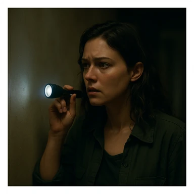 Cinematic still of a Woman looking for a dot sticker