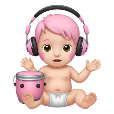 a cute baby in a white diaper and headphones playing a baby pink bongo sticker