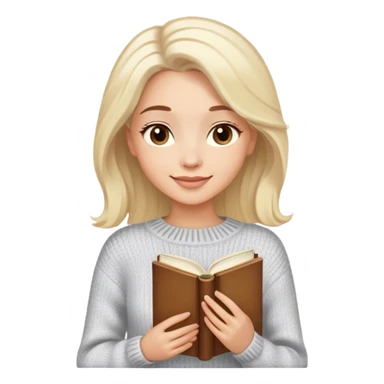 a woman in a luxurious warm sweater with a slight smile and light-colored hair. She is enjoying life while holding a book. sticker
