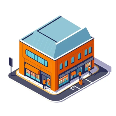 Isometric Sainsbury's Local smaller format store with orange facade, ATM outside, and pedestrians with shopping bags sticker