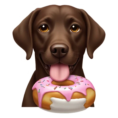 Chocolate Labrador eating a donut sticker
