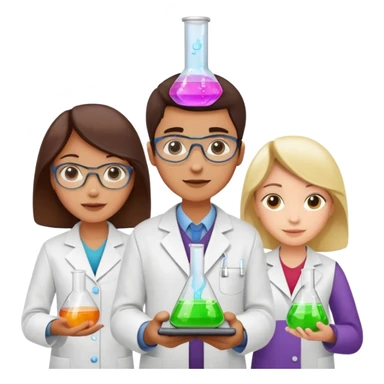 Three chemist: one organic chemist, one inorganic chemist and one theoretical chemist – each one with a typical item for their field of study (and not an erlenemeyer flask) sticker