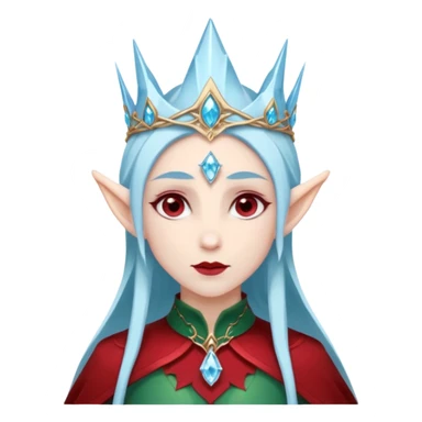 Fantasy elf portrait emoji, icy blue crystal crown with deep red accents, elegant elven features, cold noble winter expression, ice and crimson color palette, minimal clean design, flat readable emoji style, male/female variant sticker
