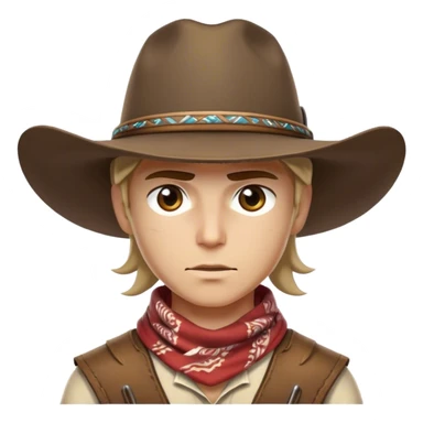 Clash of Clans aesthetic friendly Cowboy Portrait Emoji, With a rugged yet stylized build wearing a classic wide-brimmed hat and bandana, his face rendered in a natural skin tone (not yellow), determined eyes and a steely gaze, Simplified yet dynamic features, highly detailed, glowing with a warm, sunlit frontier radiance, high shine, brave and spirited, stylized with an air of Wild West heroism, focused and ready, soft glowing outline, capturing the essence of a fearless cowboy adventurer ready to ride into epic quests! sticker
