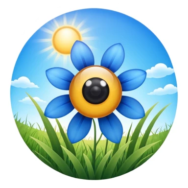 blue flower in a grassy area with a bright sun in the sky, fish eye lens effect sticker
