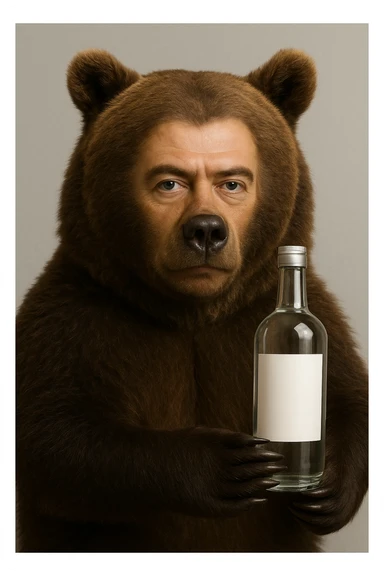 Сгенерируй мне медведя, с лицом этого человека (Дмитрия Медведева). Он держит в руках водку, с пустой этикеткой, без надписей. sticker