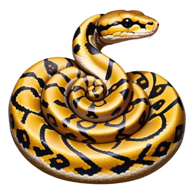 A photo-realistic top-down view of a Ball Python gently coiled into a tight spiral, with its head resting peacefully at the center. Its scales are warm brown with bold, irregular black markings, including the distinctive “alien-head” pattern, flowing smoothly along its body.  sticker
