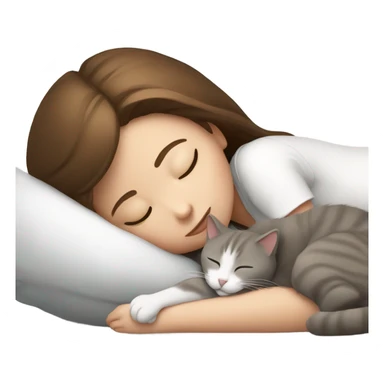 sleeping girl brown hair laying next to white and gray cat sticker