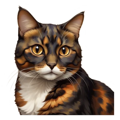 Cinematic Noble Tortoiseshell Cat Portrait Emoji, Poised and dignified, showcasing a luxurious, mottled fur of rich browns and blacks, with elegantly arched whiskers and a determined yet gentle expression, simplified yet meticulously detailed, glowing with a subtle, regal radiance, high shine, embodying quiet nobility and refined charm, soft glowing outline, capturing the essence of a sophisticated tortoiseshell cat exuding quiet authority! sticker