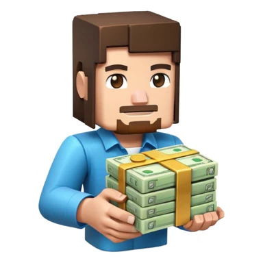 emoji style icon, minecraft blocky character holding a stack of money, pixel art style, bright colors, simple background, 3D glossy emoji, centered composition, soft shadow, high detail, clean outline, white background sticker
