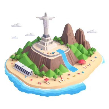 Make the Rio de Janeiro emoji much more realistic and 3D, with lifelike detail and depth, keeping the majestic vista of the skyscraper-lined beach, the mountain, and the Christ the Redeemer statue, accurate colors, and a fully transparent background. Do not add a sky background. sticker