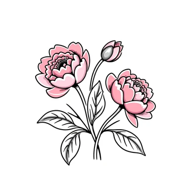 peony flowers with lush petals and leaves in pastel colors dd9fb0 ffc6d3 a3bfc9 c4bee2 f1b091, hand-drawn doodle style sticker