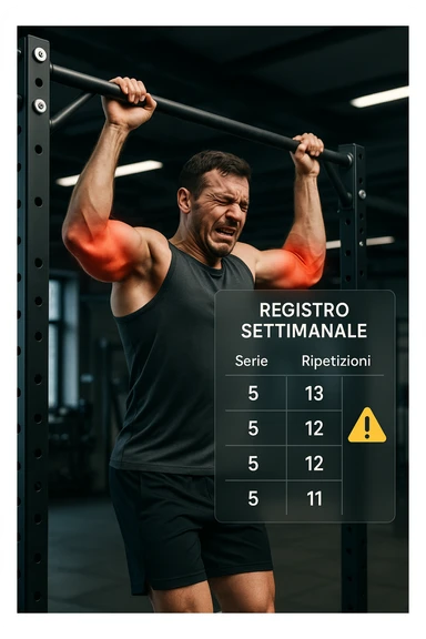 a man in gym attire performs pull-ups on a bar, with his elbows highlighted in bright red to indicate inflammation. A digital overlay shows a weekly training log with high numbers of sets and reps, and a warning icon appears next to the log. The man’s face shows pain and fatigue. The background is a modern gym, emphasizing the link between excessive training volume and injury. scritto in italiano sticker